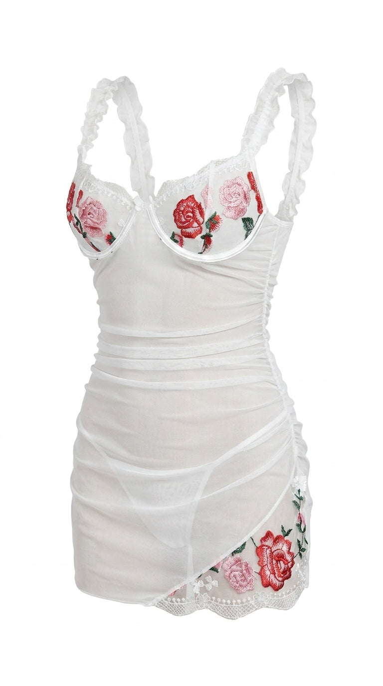Mesh Embroidered Sheer Strappy Pleated Dress — 2 Pieces