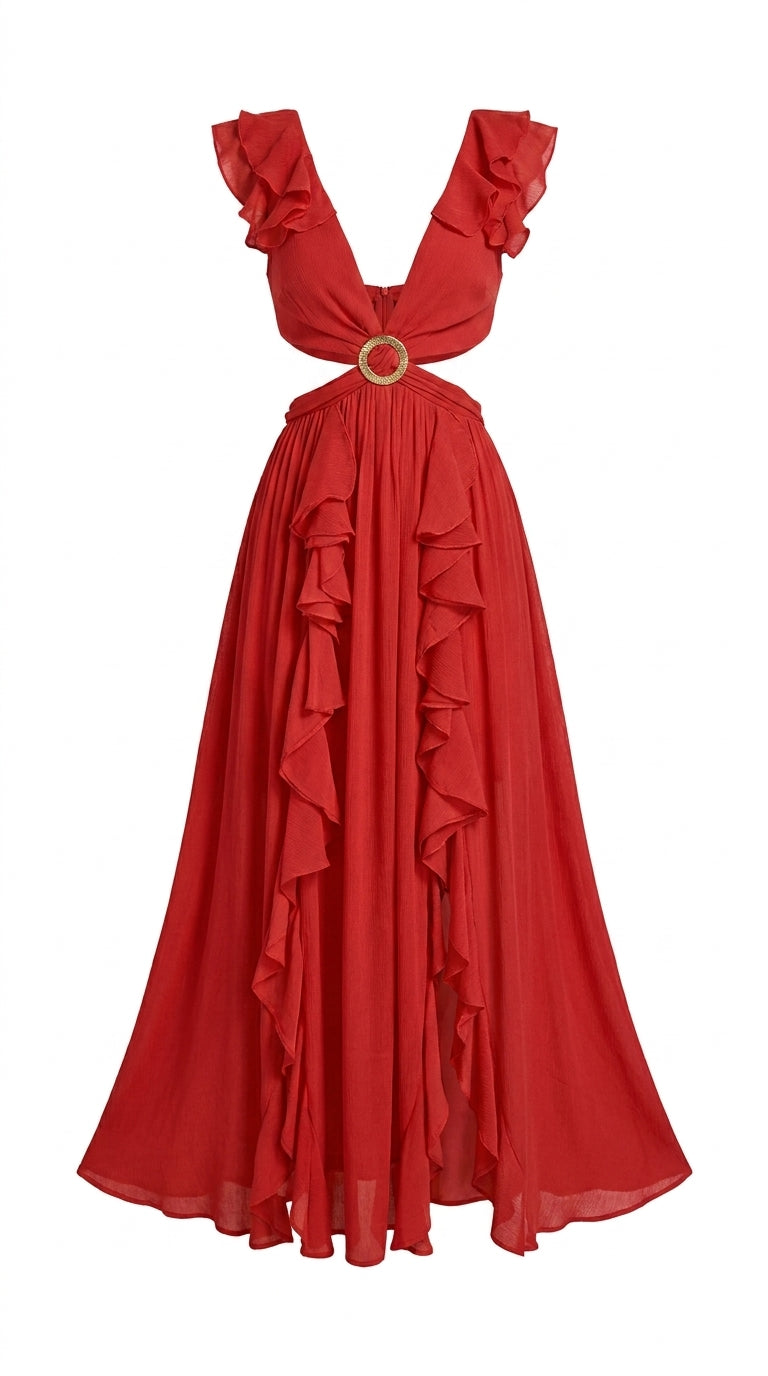 Black Backless Slit Ruffle V-Neck Slim Bohemian Dress