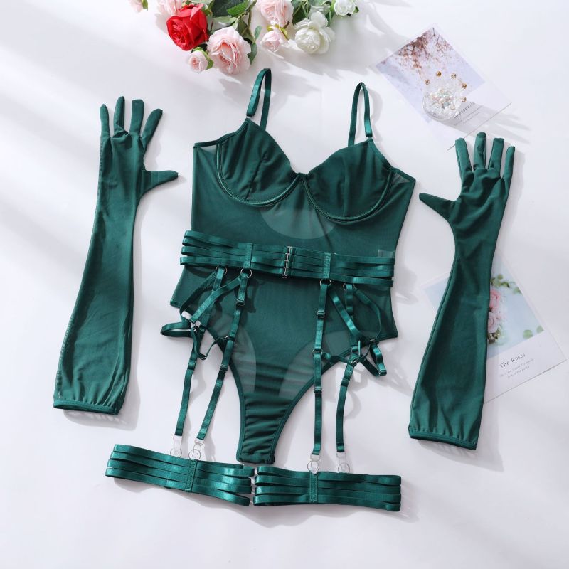 Wine Red Mesh Sheer Gloves Bandage Bodysuit