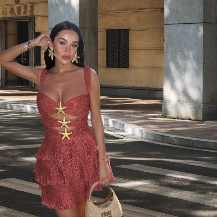 Alloy Buckle Fringe Mesh Beach Dress