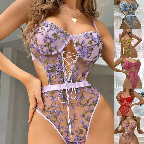 Embroidered Backless Strappy Bodysuit