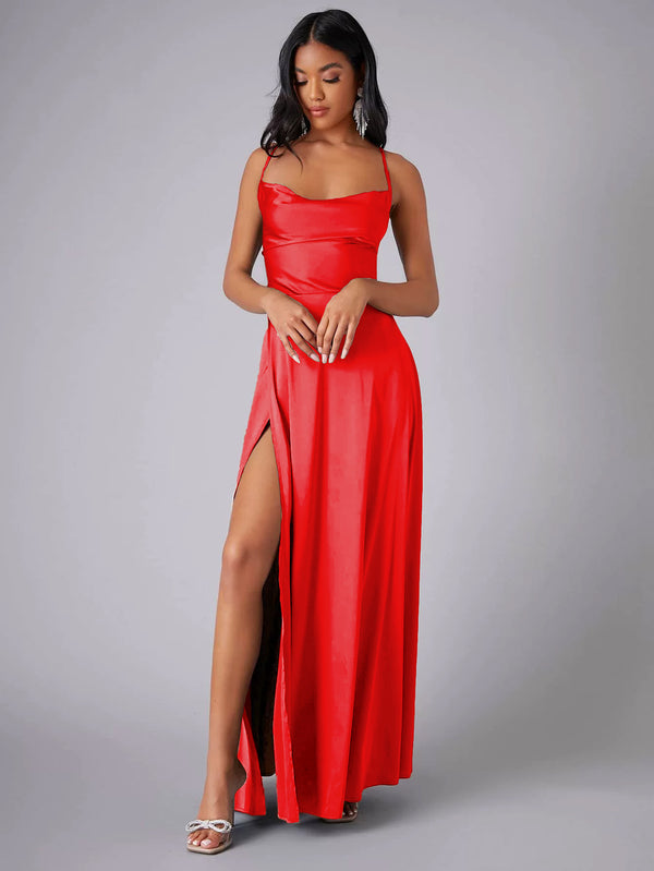 Backless strapless waist-cinching satin maxi dress in cherry red