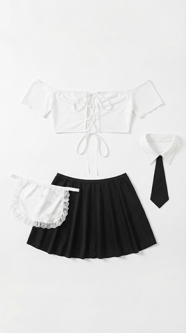 Chic French Maid Off-Shoulder Top & Pleated Skirt Costume Set with Lace Apron