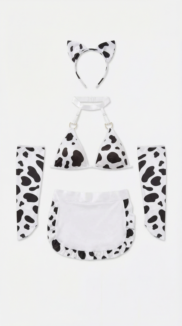 Cute Cow Print Halter Bra & Apron Skirt Lingerie Costume Set with Ears Headband