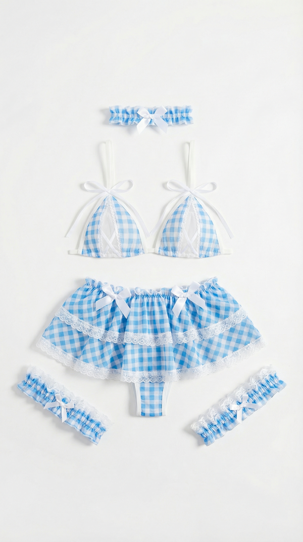 Sweet Blue Gingham Ruffle Bra & Skirt Lingerie Set with Lace Garters