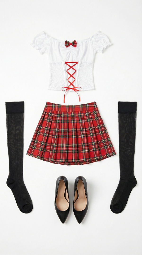 Classic Red Tartan Schoolgirl Costume Set with Lace-Up Puff-Sleeve Top