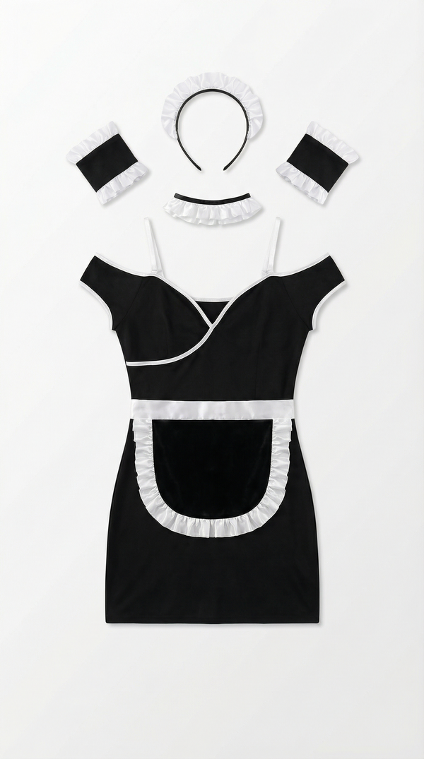 Classic French Maid Mini Dress Costume Set with Apron, Headband & Cuffs