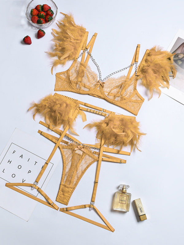 Pink Lace Feather Lingerie Set — 4 Pieces