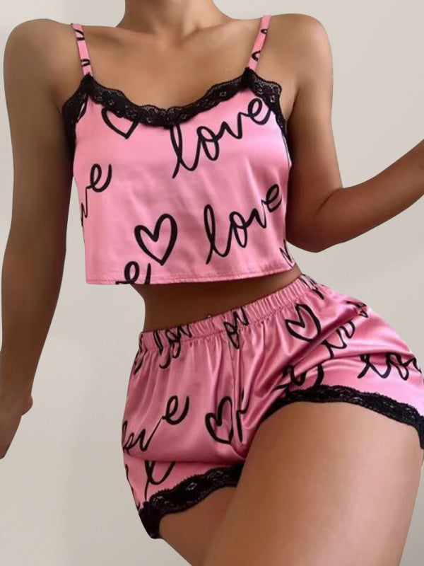 Heart Print Lace Strappy Stitching Pajama Set