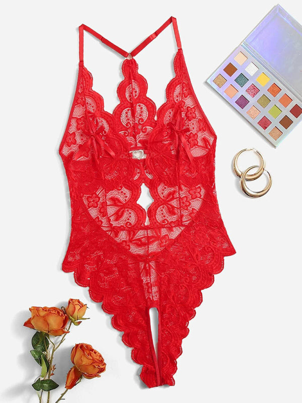بيجامة New women's sexy lace see-through crotch-free one-piece sexy pajamas - أحمر Red | شوباهوليك