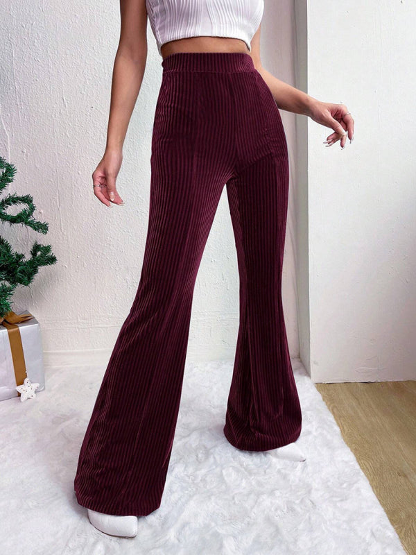 بنطلون Women's high waist corduroy flared pants solid color casual wide leg long sweatpants | شوباهوليك