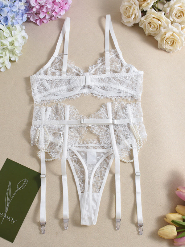 White Lace Pearl Handmade Removable Bra Set
