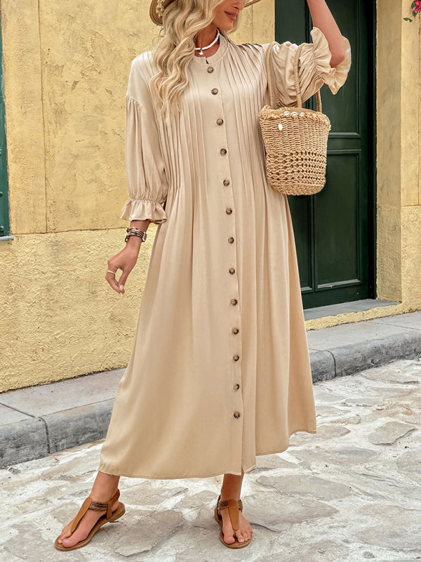 فستان New Holiday Commuter Retro Elegant Button Solid Color Dress | شوباهوليك