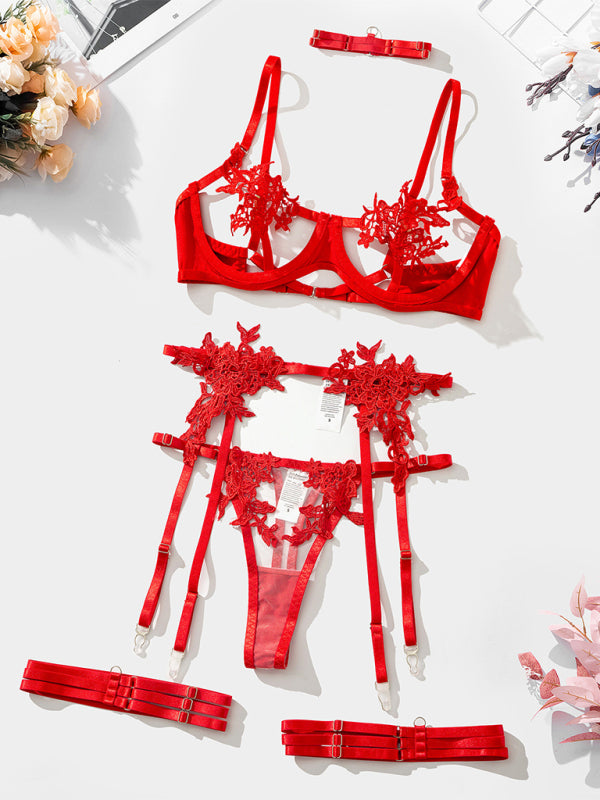 Green Embroidered Sheer Bra Set