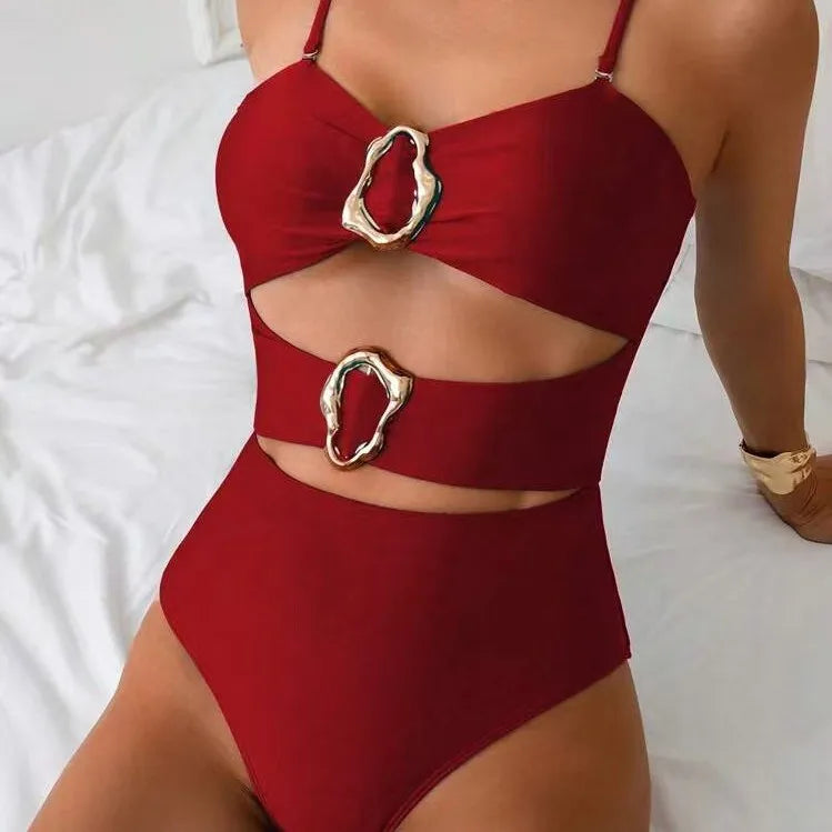 Black Cut-Out Polyester Fabric Swimsuit