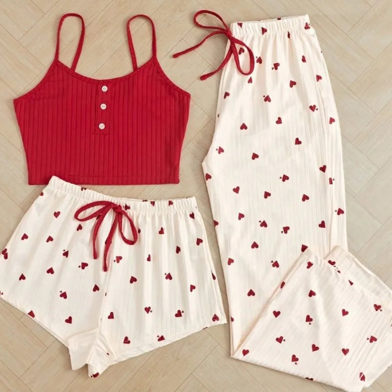 Heart Print Sleeveless Shaped Neck Pajama Set