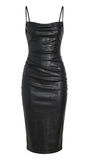 Nightclub sexy PU leather pleated strappy hip dress