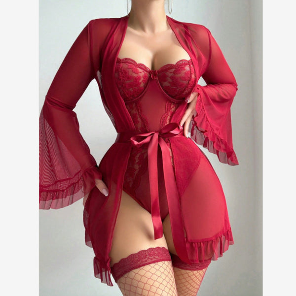 جيبة Valentine's Day sexy lingerie sexy solid color lace suspender skirt mesh see-through lace-up robe home clothes - نبيتي أحمر Wine Red | شوباهوليك