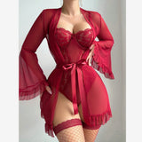 Valentine's Day sexy lingerie sexy solid color lace suspender skirt mesh see-through lace-up robe home clothes