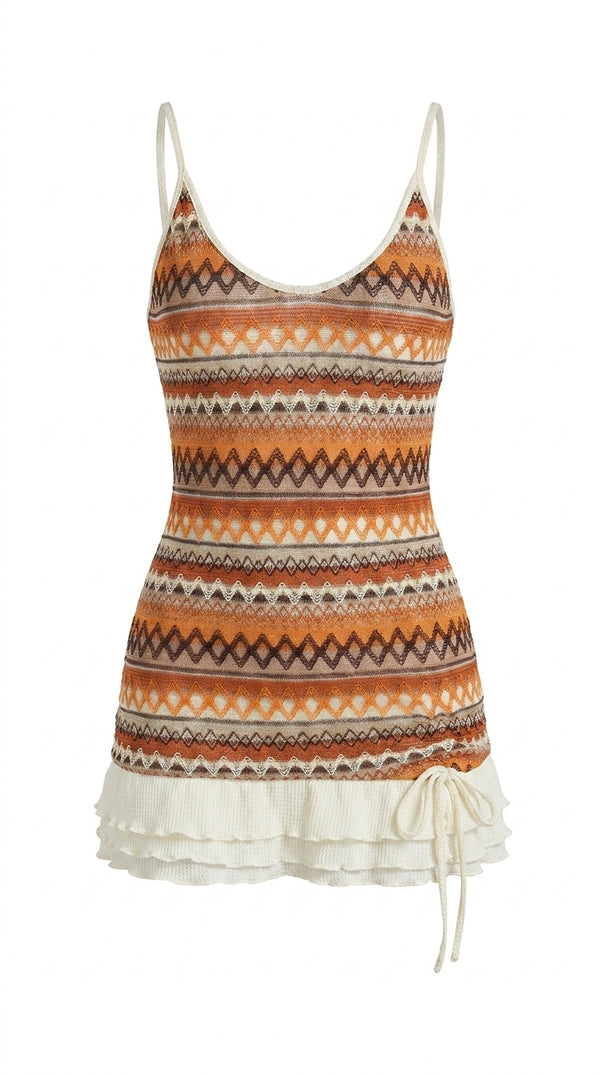 New style seaside holiday short skirt ethnic color stripe knitted suspender dress