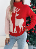 Christmas color-blocked deer lantern long-sleeved turtleneck pullover sweater