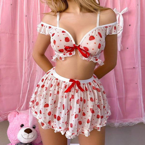 Strawberry Print Lace Babydoll Skirt Set