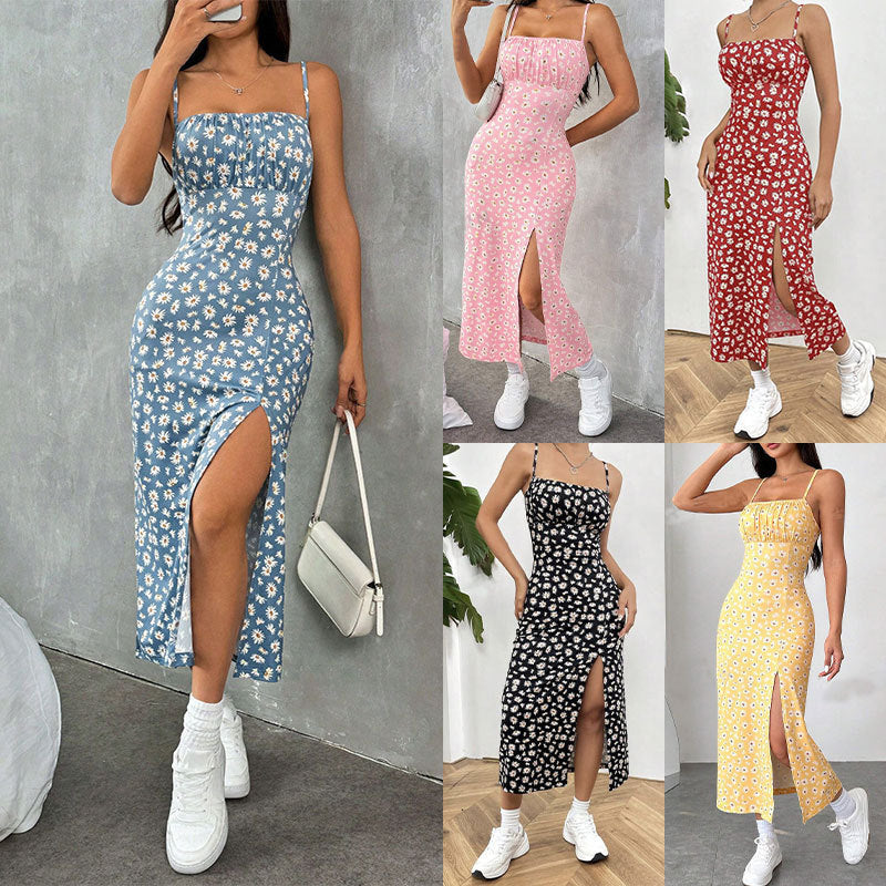 Daisy Print Strappy Slit Bodycon Midi Dress