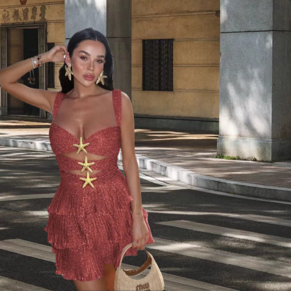 Alloy Buckle Fringe Mesh Beach Dress