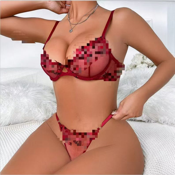 Hollow-Out Lace Bra & Thong Set