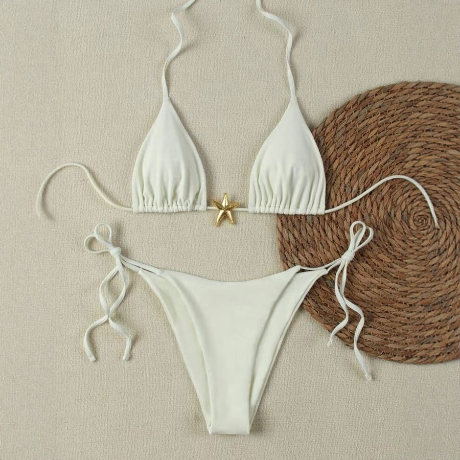 Solid Strappy Backless Triangle Bikini Set