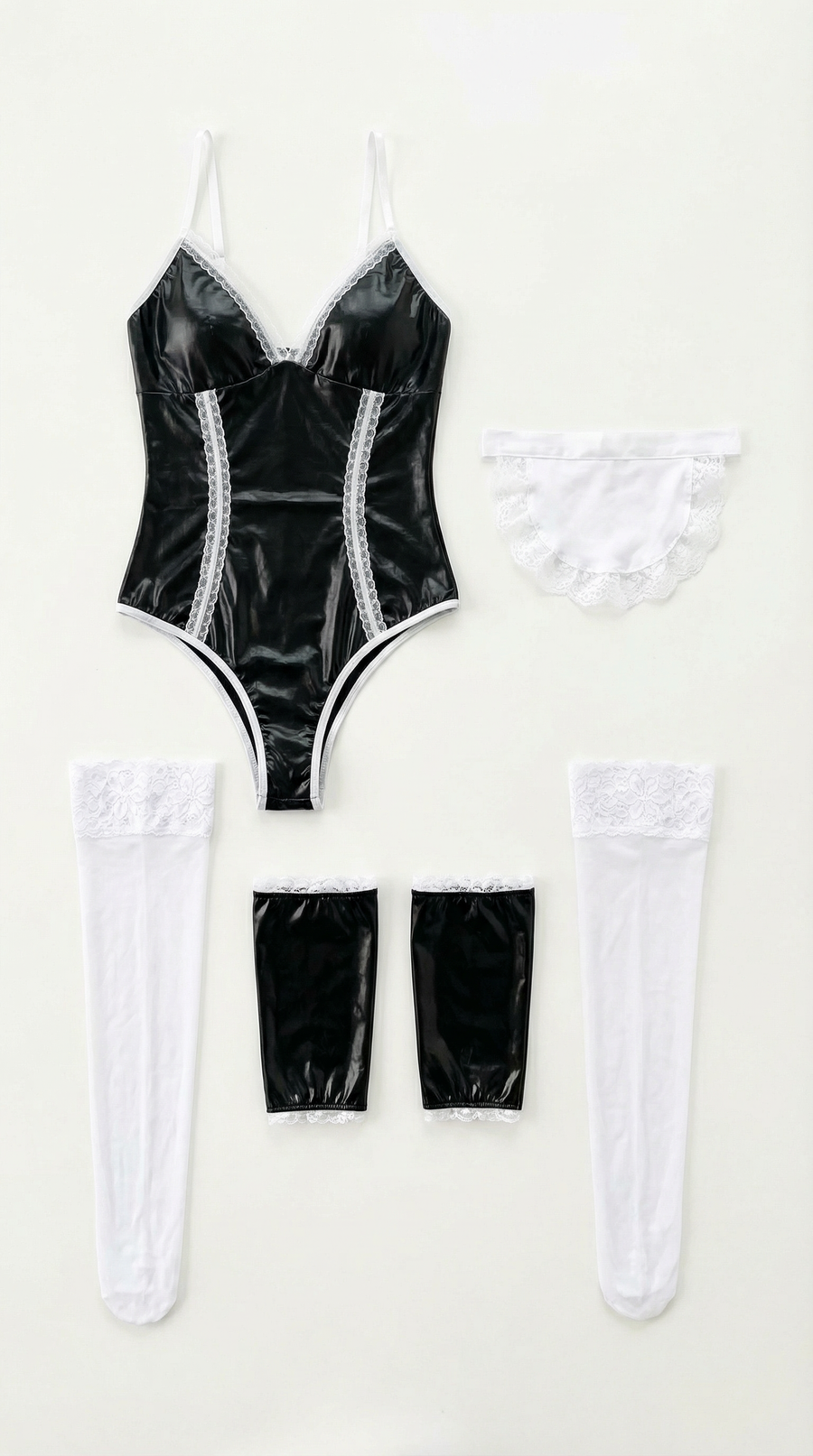 Maid Black Lace Faux Leather Trim Lingerie Set