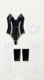 Sexy Black Faux Leather Maid Bodysuit Lingerie Set with White Lace Trim