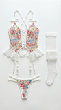 Romantic Floral Lace-Up Bustier Lingerie Set with Garters & Fishnet Stockings