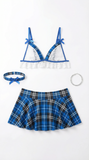 Flirty Blue Plaid Schoolgirl Bra & Mini Skirt Lingerie Set with Lace Trim