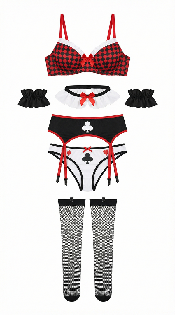 Queen of Hearts Checkered Bra & Garter Lingerie Costume Set with Fishnet Stockings