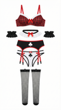 Queen of Hearts Checkered Bra & Garter Lingerie Costume Set with Fishnet Stockings