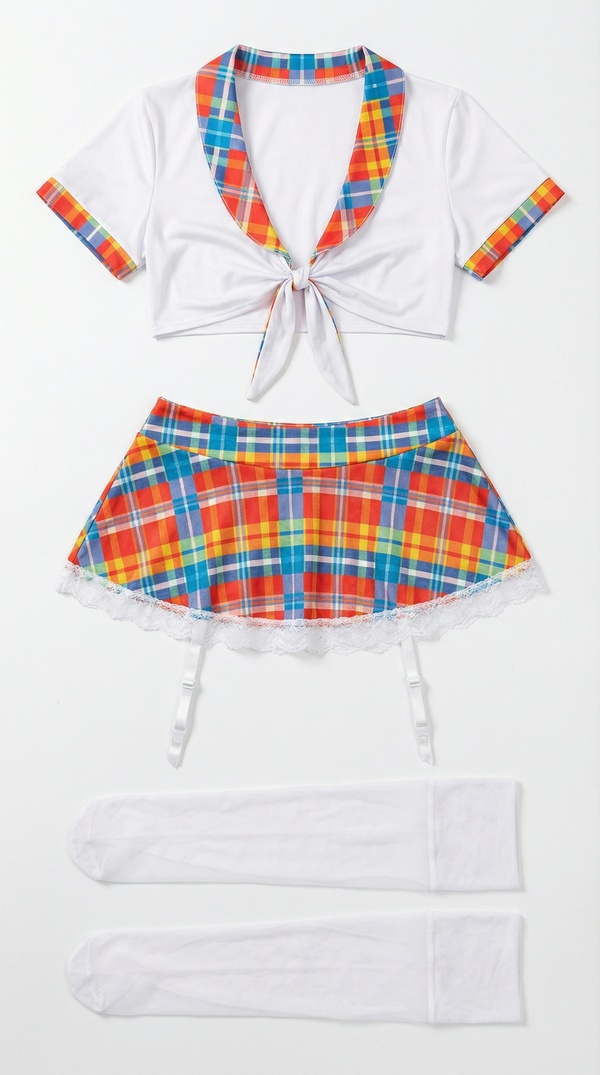 Playful Rainbow Plaid Tie-Front Top & Lace-Trim Mini Skirt Costume Set