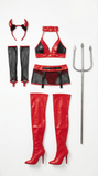Red Devil Temptress Faux Leather Halter Bra & Fishnet Skirt Costume Set with Horns