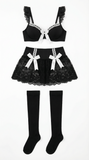 Elegant Black Lace Bra & Ruffle Skirt Lingerie Set with White Satin Bows