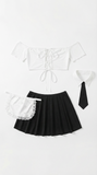 Chic French Maid Off-Shoulder Top & Pleated Skirt Costume Set with Lace Apron