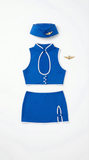 Sky-High Blue Flight Attendant Crop Top & Mini Skirt Costume Set with Hat