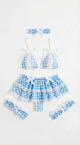 Sweet Blue Gingham Ruffle Bra & Skirt Lingerie Set with Lace Garters