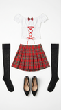 Classic Red Tartan Schoolgirl Costume Set with Lace-Up Puff-Sleeve Top