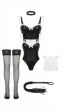 Luxe Black Faux Leather Corset Bodysuit Maid Costume Set with Lace-Top Stockings