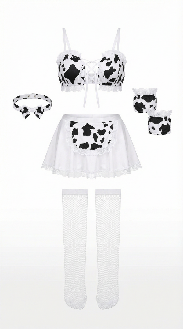 Dreamy Cow Print Ruffle Bra & Lace Apron Skirt Lingerie Set with Stockings