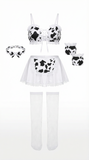 Dreamy Cow Print Ruffle Bra & Lace Apron Skirt Lingerie Set with Stockings