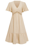 Women's Lace Stitching V-neck Solid Color Ruffle Sleeve Dress