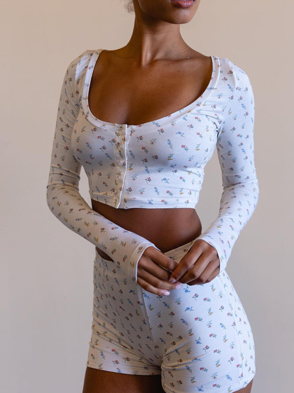 شورت Women's New Long Sleeve Shorts Printed Comfortable Homewear Set | شوباهوليك