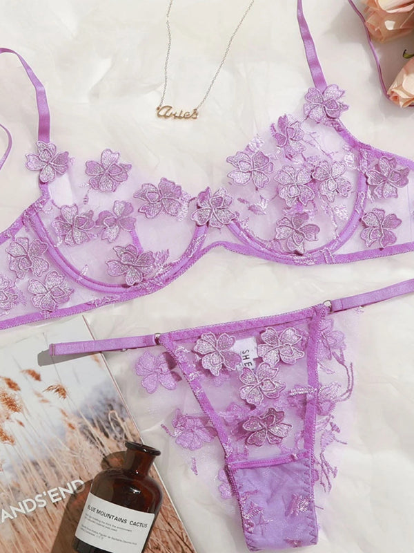 Floral Mesh Embroidered Appliqué Bra Set