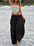 Women's elastic waist pleated high waist wide leg pants loose casual pants
